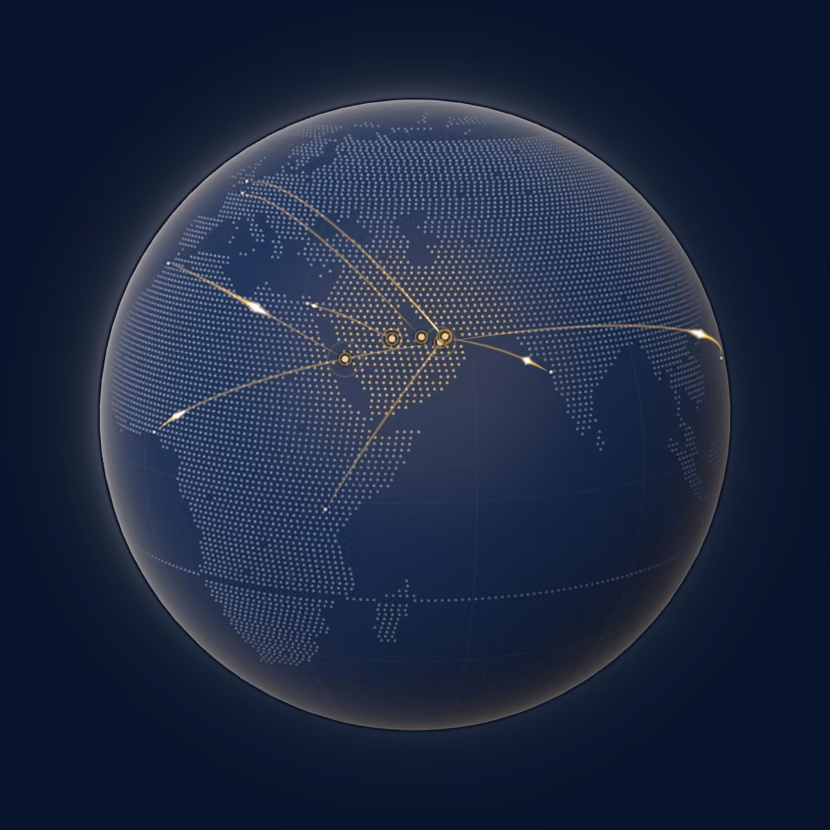 Golden route arcs linking six Gulf hub airports: Dubai, Abu Dhabi, Doha, Riyadh, Jeddah and Sharjah.